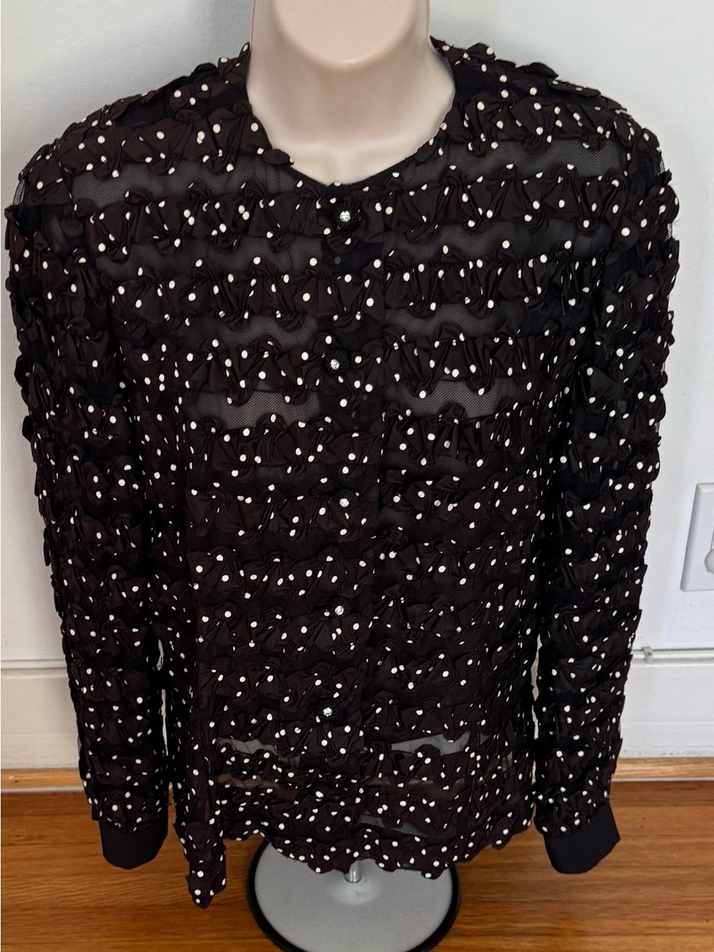 Vintage Black semi-sheer lined Polka Dot Embellished Long Sleeve Top, size 6 USA